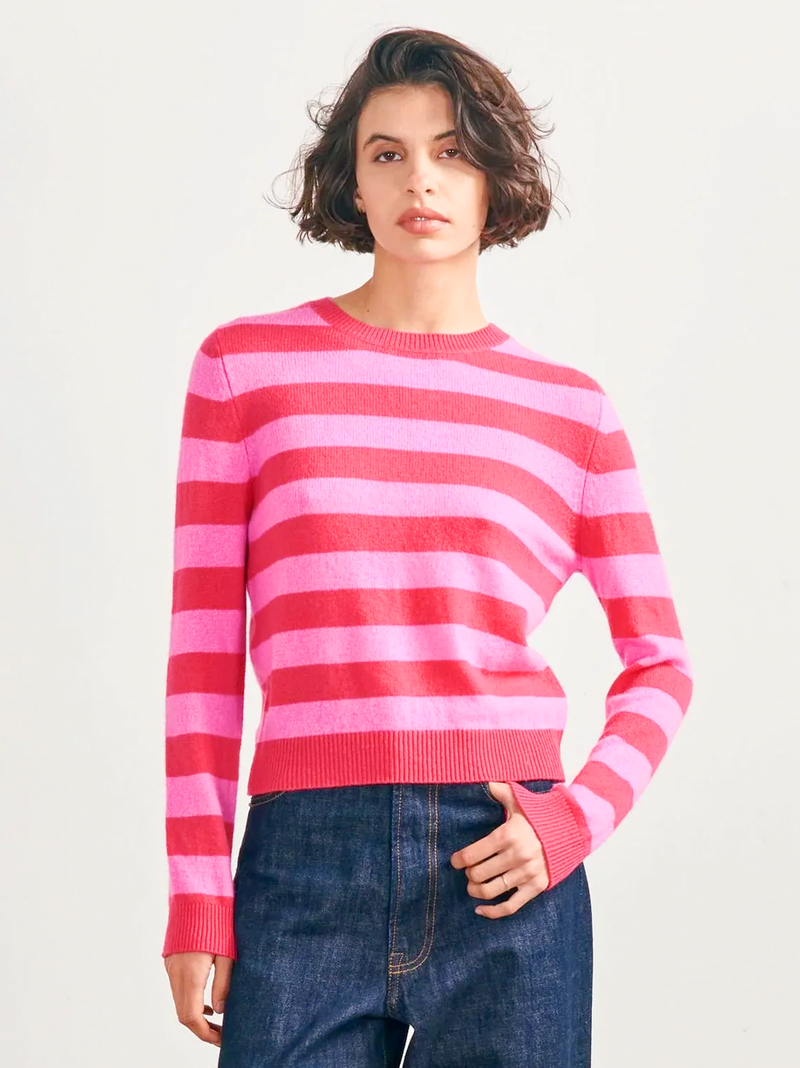 Cashmere Stripe Crew in Watermelon and Peony